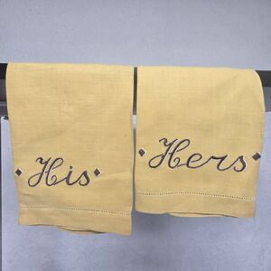 Vintage His Her Couples Yellow Embroidered Marriage Hand Towels Wedding Gift